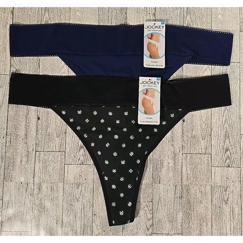 Jockey Thong Panties 9 (XXL) Soft Touch Lace Lot of 2 Black Navy Sexy Underwear